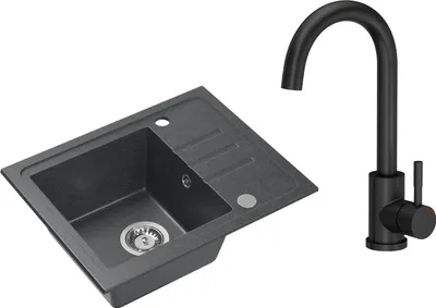 Produktbild von VBChome Spülbecken Granit Schwarz mit Armatur 55 x 44 cm Einzelbecken Einbauspüle Gesprenkelt Reversibel Granitspüle Siphon Waschbecken Armatur
