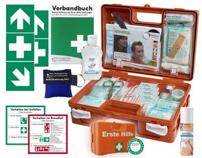 Produktbild von Verbandskoffer (K) Typ CSN -Paket 1- Erste Hilfe nach akt. DIN 13157 für Betriebe INKL. VERBANDBUCH + Hygiene-Gel, Notfallbeatmung & Sprühpflaster