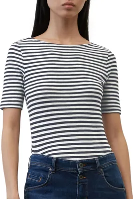 Produktbild von Marc O'Polo Damen T-Shirt mit Streifen-Design in Weiß-Marine aus Baumwolle, Regular Fit