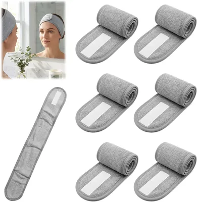 Produktbild von Kosmetik Stirnband 6 Stücke, grau, verstellbar, Klettverschluss, waschbar, für Make-up