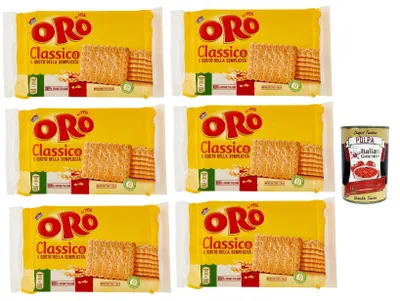 Produktbild von Oro Saiwa Biscotti Classici, Italienische klassische Kekse zum Frühstück, 100% italienischer Weizen, 6x 250 g + italian Gourmet polpa 400g