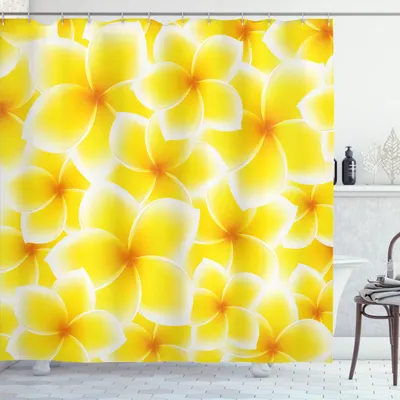 Produktbild von ABAKUHAUS Gelb Duschvorhang, Plumeria Frangipani Asiatische Frühlingsblüten Hawaiische Wiederholendes Muster, 175 x 220 cm, Gelb und Weiß