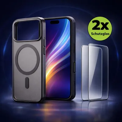 Produktbild von Hülle + 2X Schutzglas für iPhone 17 Pro Full Screen Panzerfolie Premium Schutzhülle Schwarz mit MagSafe