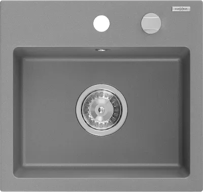 A top-down view of a gray granite kitchen sink with a drain and faucet hole.