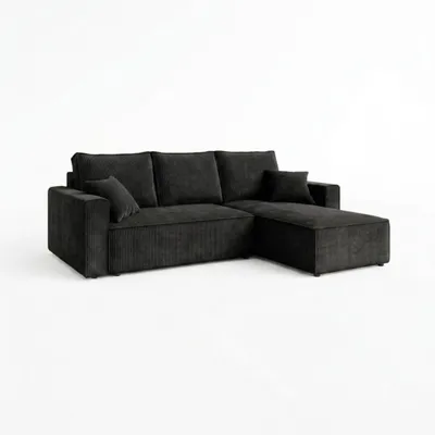 Produktbild von AMBER L Ecksofa mit Schlaffunktion und Bettkasten L-Form, Cord Schlafcouch 232x143 cm, PetFriendly Wohnzimmersofa Bettsofa, Schwarz