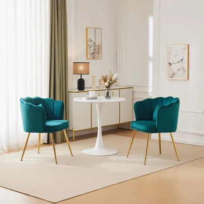 Image de MERAX Chaise rembourrée avec noeud Coussin décoratif (2 pcs), Chaise de salle à manger Fauteuil de salon en velours avec dossier en forme de pétale et pieds en métal doré
