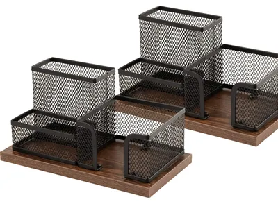 Produktbild von Stiftehalter aus Holz und Drahtgeflecht, Schreibtisch-Organizer mit 3 Fächern, 2-teilig, schwarz