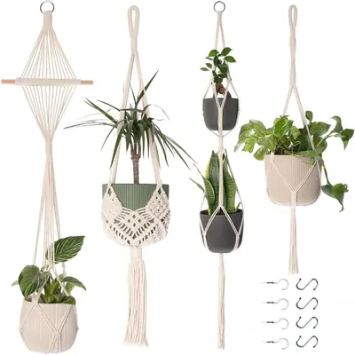Produktbild von 4er Set Blumenampel Baumwolle – Boho Hängepflanzenhalter mit Metallringen & S-Haken, für Innen & Außen, bis 10 Zoll Töpfe