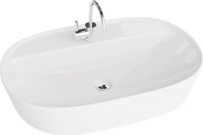 A white oval-shaped sink with a chrome faucet.