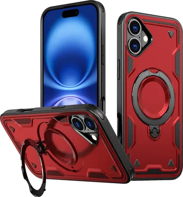 Produktbild von Dual Layer Hülle für iPhone 16 Metall Ring Ständer Magnetisch Stoßfest Militär Handyhülle Rot