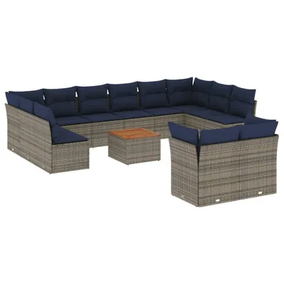 Image de Salon de jardin modulable 13 pcs, résine tressée grise, table bois d'acacia, coussins déhoussables, rangement intégré, résistant aux UV