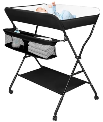 Produktbild von Baby Wickeltisch - Faltbare Wickelstation - Mit Rollen - Höhenverstellbar - Metallgestell - Ablage & Organizer - Für Neugeborene 0–12 Monate - Schwarz