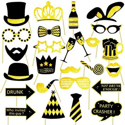 Produktbild von Party-Photobooth-Accessoires-Set-Gold-26-Stück-Für-Hochzeit-und-Geburtstag