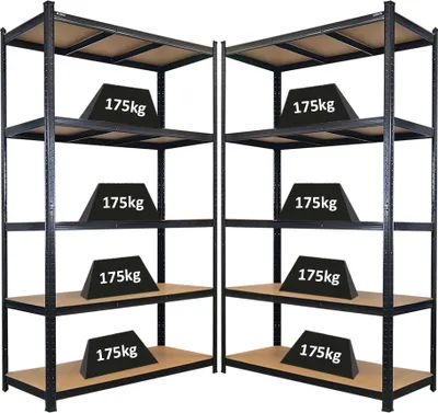 Produktbild von Mega Deal | 2x Schwerlastregal Giant Ragnar | HxBxT 200x120x50cm | 5 MDF-Platten-Ebenen | Fachlast 175kg | Schwarz
