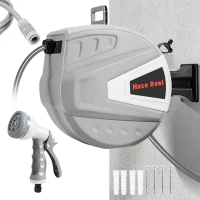 Produktbild von Faziango Wasserschlauchaufroller Grau 20m Wasserschlauch | 180° schwenkbar | Multi-Handbrause | Wandbefestigung