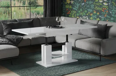 A modern living room with a sectional sofa and a white high-gloss lift-top coffee table.