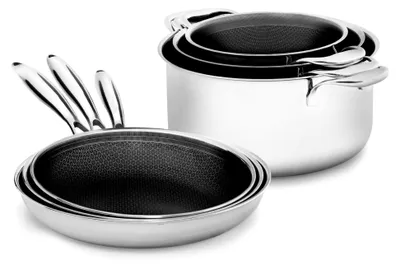 Produktbild von Pfannen- und Kochtopfset – 6-teilig | 3 Bratpfannen 24/26/28 cm & 3 Kochtöpfe 20/24/28 cm | Beschichtetes Kochgeschirr für Induktion und alle Herdarten | Kratzfest und PFAS-frei