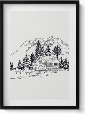 Produktbild von Zeichnung eines Hauses in den Bergen– Wandbild mit Rahmen – Gerahmtes Bild  – Wanddekoration – 50x70 cm –  Schwarz Rahmen