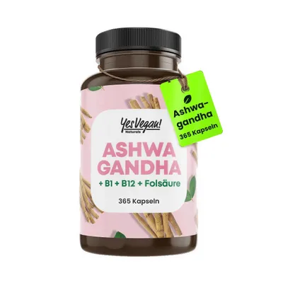 Produktbild von Ashwagandha Kapseln 1200 mg hochdosiert (365 Kapseln) mit Vitamin B12 + B6 + B1 + Withanolide