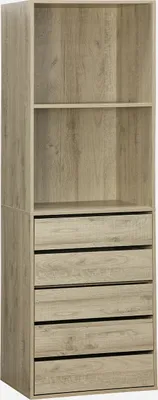 A tall, narrow, light brown wooden dresser with four drawers and two open shelves above.