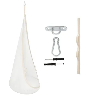 A white hanging chair and its mounting hardware are displayed against a white background.