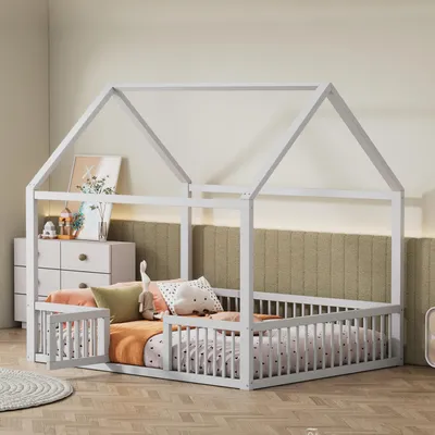 Immagine prodotto di Letto per bambini Merax 140x200cm, letto da terra a forma di casa, letto singolo con tetto e porta, rete a doghe, letto divertente, legno di pino, letto per ragazzi, letto in legno massiccio, bianco
