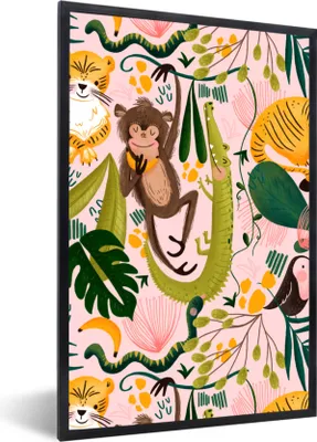Produktbild von MuchoWow® MuchoWow® Gerahmtes Poster Dschungel - Pflanzen - Tiere - Rosa 60x90 cm - Poster mit zchwarzem Bilderrahmen - Kunst