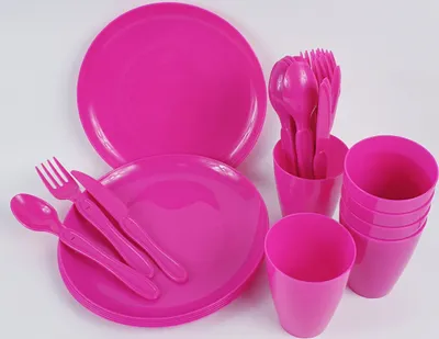 Produktbild von Picknickset Campinggeschirr 31-teilig für 6 Personen Teller Becher Besteck pink