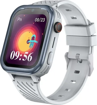 A smartwatch with a grey strap and a grey bezel, displayed on a white background.