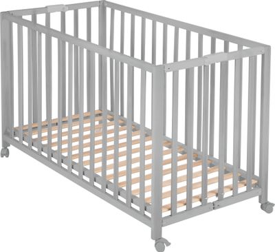 roba Klappbett Fold Up 60 x 120 - Klappbares Babybett aus Holz - 2-fach höhenverstellbar - Platzsparendes Gitterbett auf Rollen - Taupe