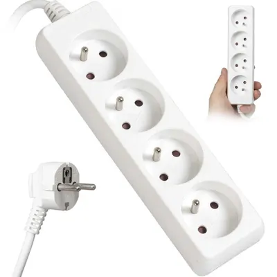 A white power strip with four outlets and a white plug is shown against a white background. A hand is holding a smaller version of the power strip in the upper right corner.