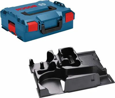 A blue Bosch L-Boxx tool case and a black plastic insert are shown against a white background.