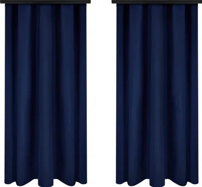 Two dark blue curtains hanging side-by-side against a white background.