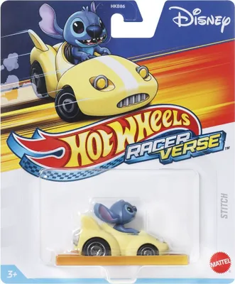 A Hot Wheels Racerverse die-cast toy car featuring the Disney character Stitch, presented in its retail packaging.