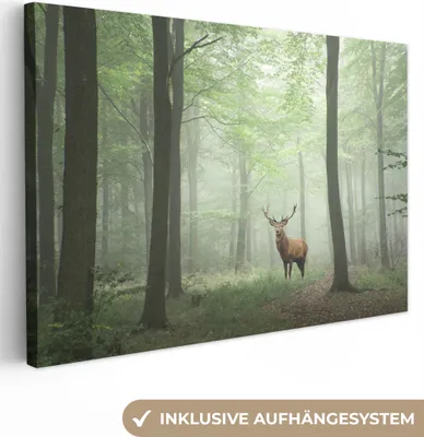 Produktbild von MuchoWow® - Leinwandbilder - Hirsche - Wald - Bäume, Wandbild, Wanddeko Bilder Wohnzimmer, 90x60cm