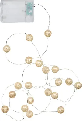 A string of LED lights with decorative spherical bulbs and a battery pack.