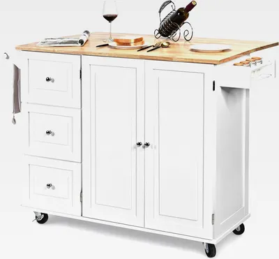 Produktbild von Küchenwagen auf Rollen, Servierwagen mit Arbeitsplatte & Handtuchhalter & Schubladen, Küchenschrank aus Holz, Kücheninsel Kücheninselwagen Rollbar, 136x76x91cm (Weiß)