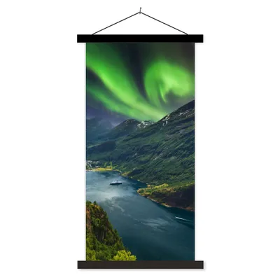 Produktbild von MuchoWow® Textilposter Nordlichter - Berg - Boot - Norwegen 60x120 cm mit schwarzem Rahmen - Magnete
