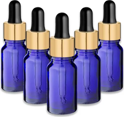 Produktbild von 5x Blaue Glasflasche 10 ml mit goldener Aluminiumpipette Glaspipette