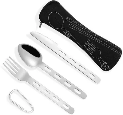Immagine prodotto di Set di posate in acciaio inossidabile Ibenzoa® per campeggio e viaggi: cucchiai, forchette, coltelli con moschettone, custodia compatta in tessuto con cerniera, lavabile in lavastoviglie