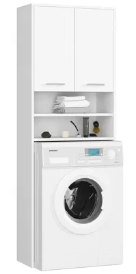 Image de Armoire de salle de bain pour machine à laver - largeur 64 cm, hauteur 180 cm, blanc Sonoma brillant - panneau stratifié de haute qualité, avec 4 étagères, poignées argentées