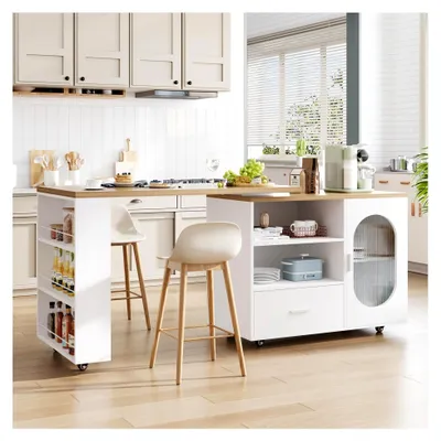 Produktbild von Freistehende Kücheninsel mit Arbeitsplatte auf 7 Rollen, moderner Küchenwagen mit 360 Grad drehbarer Holzplatte und Schublade für das Esszimmer, Weiß, 184 cm