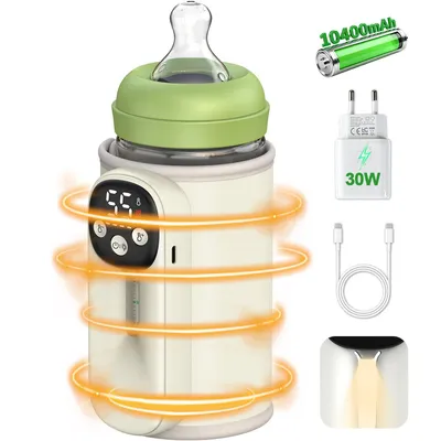 Produktbild von Babyflaschenwärmer Tragbar – Akku 10400 mAh, Nachtlicht, 30 W Adapter, Für PKW & Sichtfenster, Babyfläschchen Erwärmen