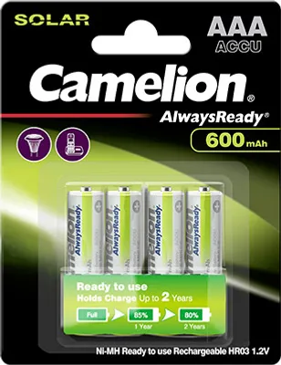 A retail package of Camelion AAA rechargeable batteries.