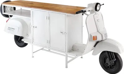 Produktbild von Barschrank SCOOTER 244cm weiß Retro-Konsole Motorroller mit Mangoholz Upcycling