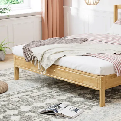 Produktbild von Rattan Doppelbett, Kiefer & PE-Rattan, 15 Latten, Stabile Mittelfüße, Natürlicher Stil, Passend für Jugend- & Erwachsenenzimmer, 160x200cm
