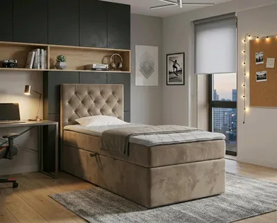 Produktbild von NORDELO Boxspringbett ELEGANTE 90x200 cm AMOR Velvet Taupe Komplett-Set gepolstertes Einzelbett mit Stauraum, Matratze und 4 cm Visco-Topper, Bonellfederkernmatratze, T30-Schaum