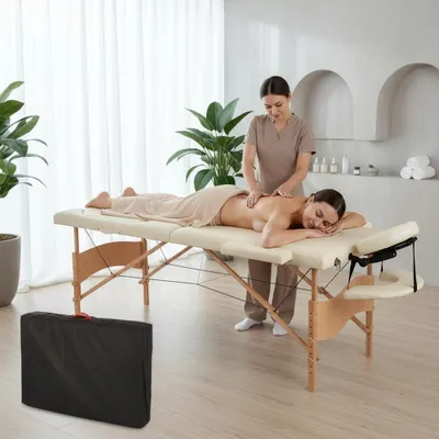 Image de Table de massage 3 zones en bois Crème Banc de thérapie Table cosmétique Pliable Mobile Porter