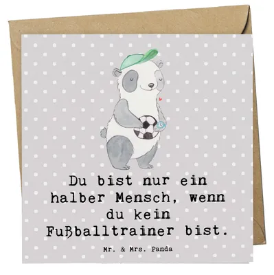 Produktbild von Mr. & Mrs. Panda Grußkarte Fußballtrainer Herz - Grau Pastell - Geschenk, Glücksbringer, faltkarte, Spruch, Glückwunschkarte, doppelkarte, Klappkarte, Fußballspiel