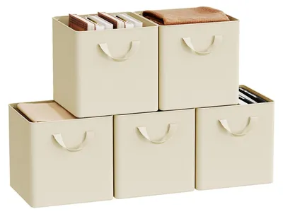 Produktbild von WOLTU Faltbare Aufbewahrungsboxen 5 Stück, Stoffboxen mit Griffen und Metallrahmen, Aufbewahrungswürfel für Wohnzimmer, Schlafzimmer, Arbeitszimmer, Mehrzweck, Creme, 26x26x26cm